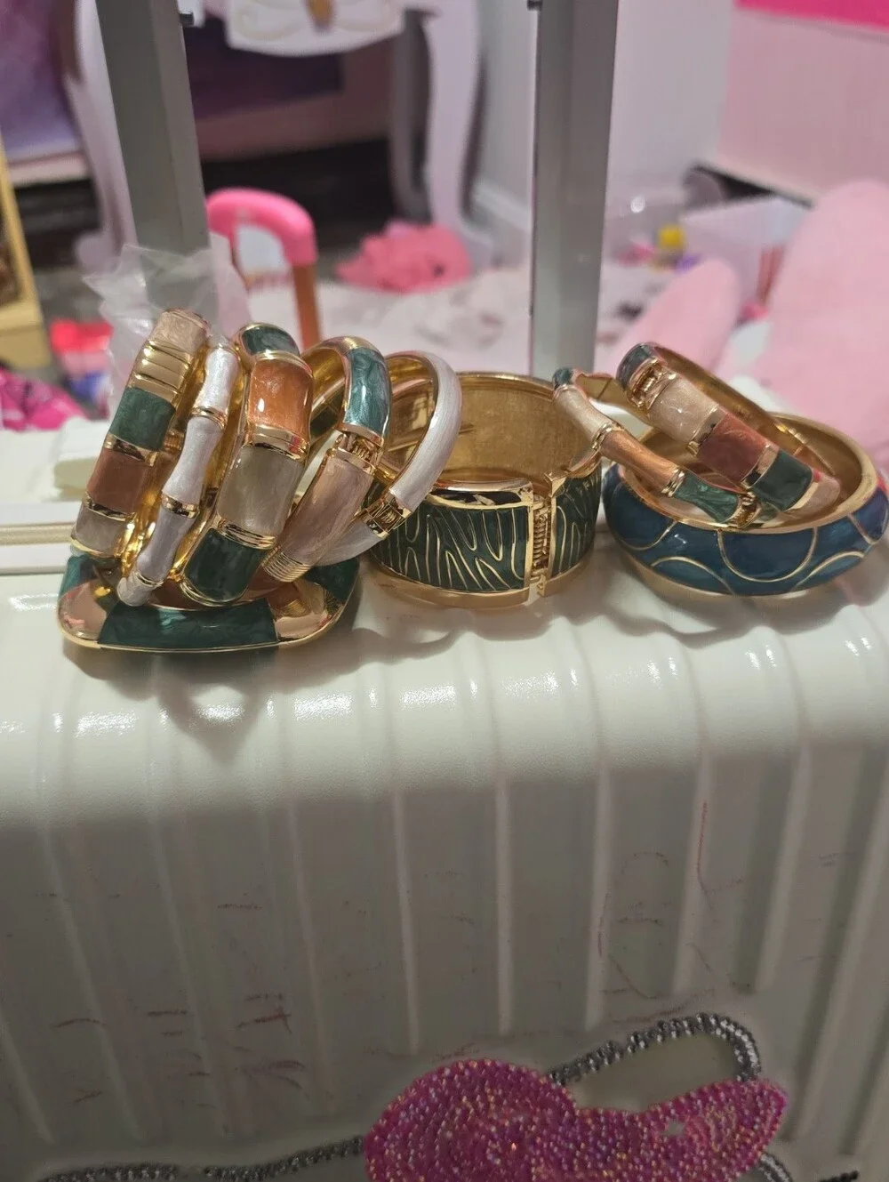 Gold-Tone Enamel Stackable Bangle Bracelets - Green & Cream